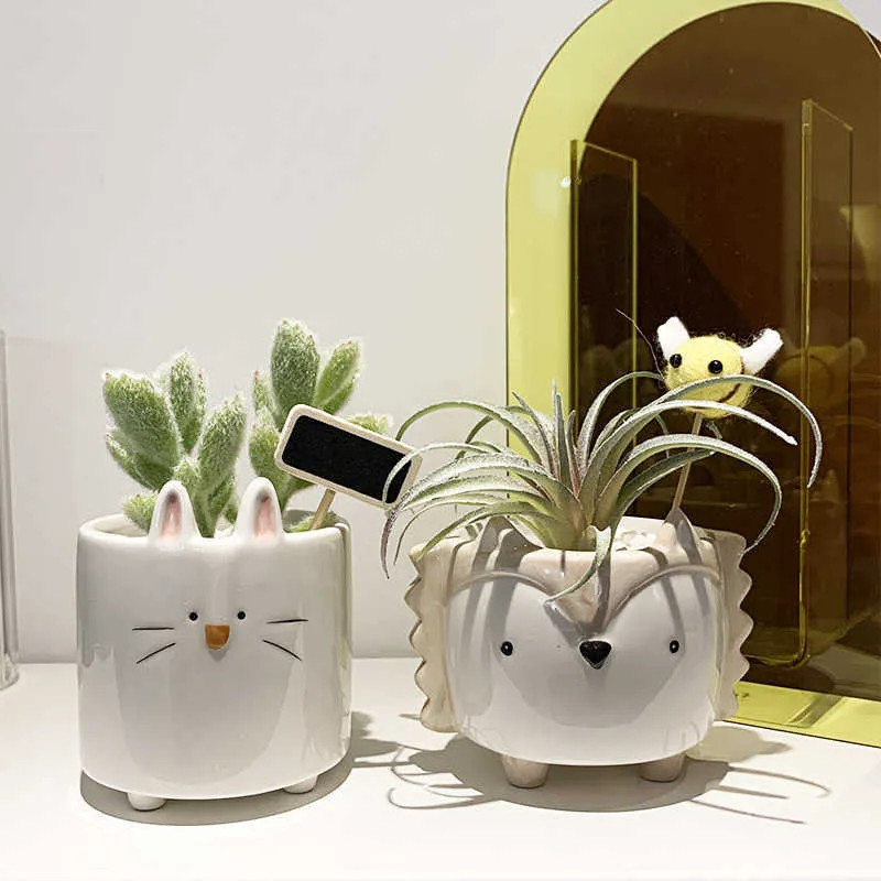 Dessins animés succulentes Pot de fleur en céramique petit Animal Mini jardin plante décoration de la maison 210615