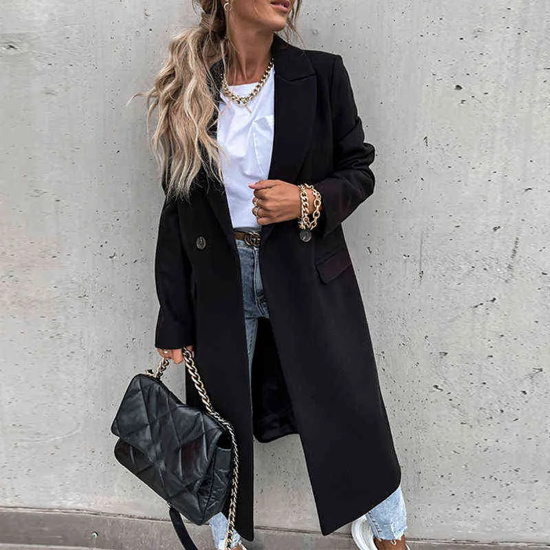 Senhora moda elegante longo sobretudo mulheres outono inverno casual solto solto colarinho casaco de lã tops manga longa Outerwear 211110