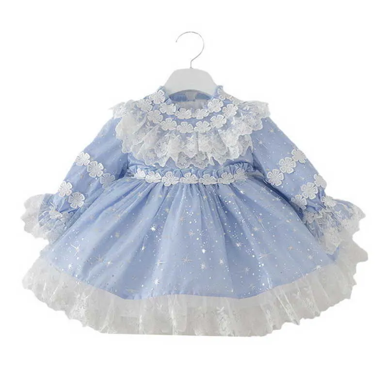 Bahar Çocuklar Kız Parti Elbise Dantel Yay Mavi Uzun Kollu Örgü Prenses Elbiseler Düğün Öğrenim Örgün Giysileri E8010 210610