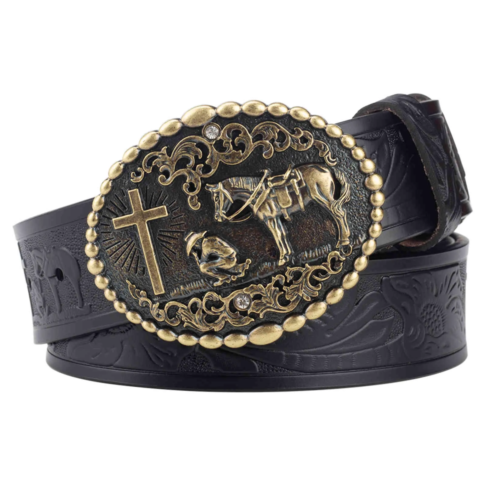 Cross and Horse Leather Belt Fashion Metals Sponge Rodeo för cowboy8835519