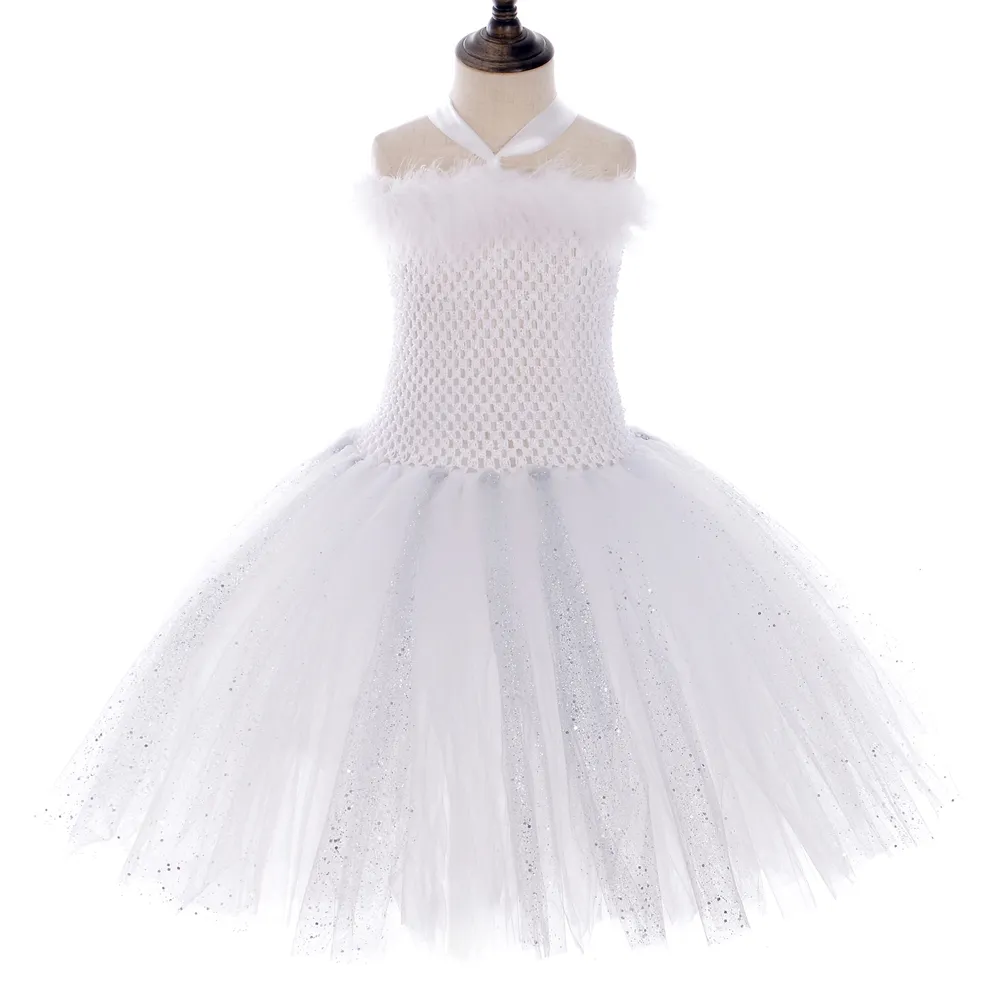 Sparkly Pure White Angel Tutu Dress Plume Aile Baguettes Tenues Fantaisie Enfants Robes Ange Costume pour Filles Fête D'anniversaire Vêtements 210303