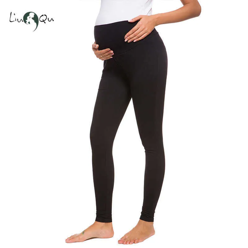 Ciążowa elastyczna stretch miękkie sporty sportowe spodnie damskie pełna długość francuski Terry Secret Fit Belly Legginsy 210918