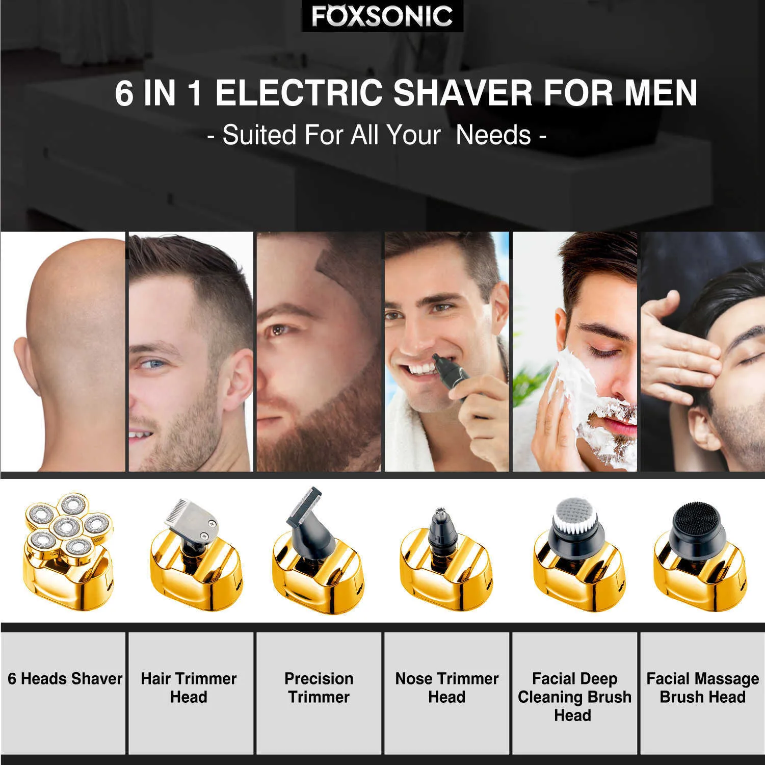 Foxsonic 2021 novo estilo 6 em 1 recarregável barbeador elétrico 6 cabeças flutuantes Bald Electric Shaver Grooming Kit Shaver para homens P0817