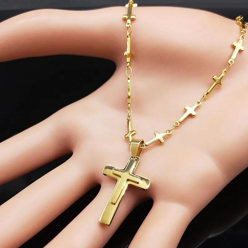 Pendant Necklaces 2021 Fashion Cross Stainless Steel Necklace Women Double Layer Gold Color Neckless Jewerly Acero Inoxidable Joye275Y