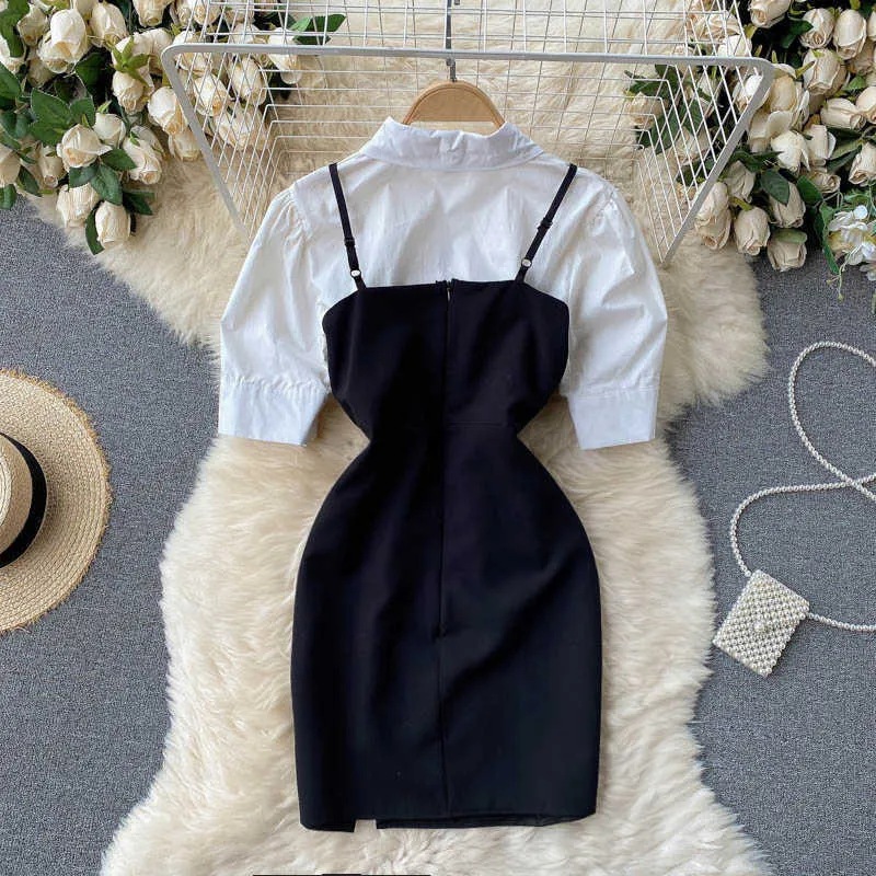 Mode féminine rétro Chic à manches courtes chemise hauts + nœud moins paquet hanche Mini robe deux pièces costumes S401 210527