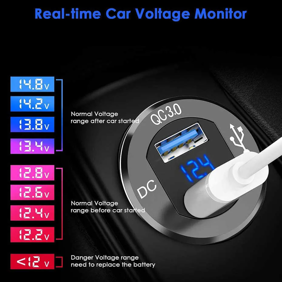 QC3.0 12V/24V 36W Presa Accendisigari Auto Moto Spina Display a LED Interruttore in Metallo Presa Caricabatterie USB Impermeabile 