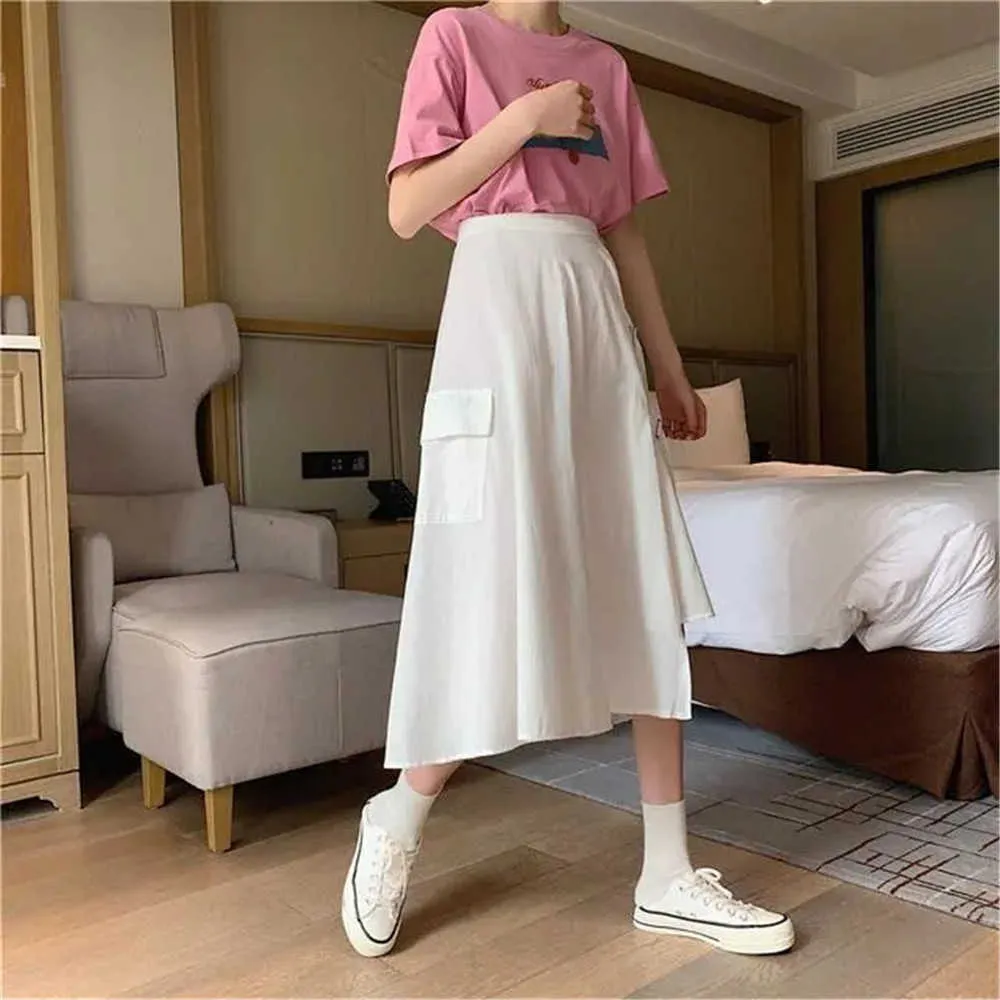 Irregular Harajuku Pocket Cargo Skirt Punk High Waist Streetwear Gothic Loose Midi Long Skirt Women White Black Summer Saia 210619