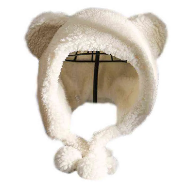 여성 겨울 두꺼운 봉 제 이어폰 모자 귀여운 만화 곰 귀 pompom 턱 스트랩 야외 windproof thermal beanies Trapper Y21111