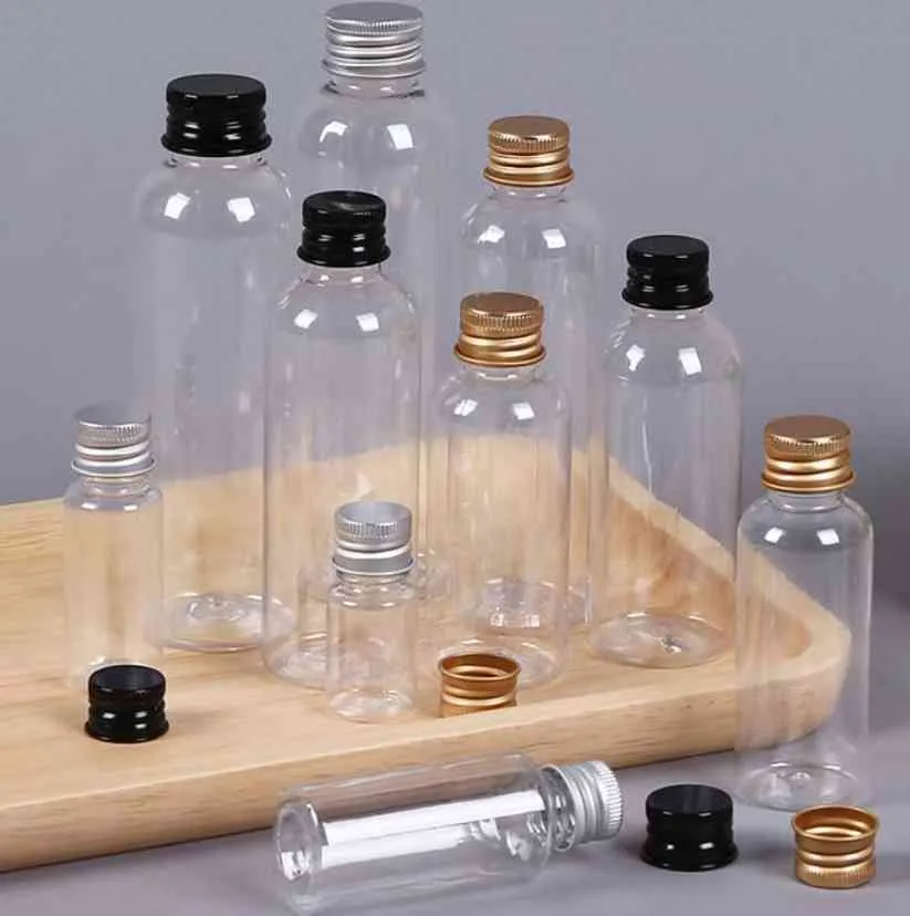 100 stks / partij 5 ml 10 ml 20 ml 30 ml aluminium cap huisdier hervulbare flessen mini-flacon geneeskunde snoep parfumcontainers 8 ml 15ml