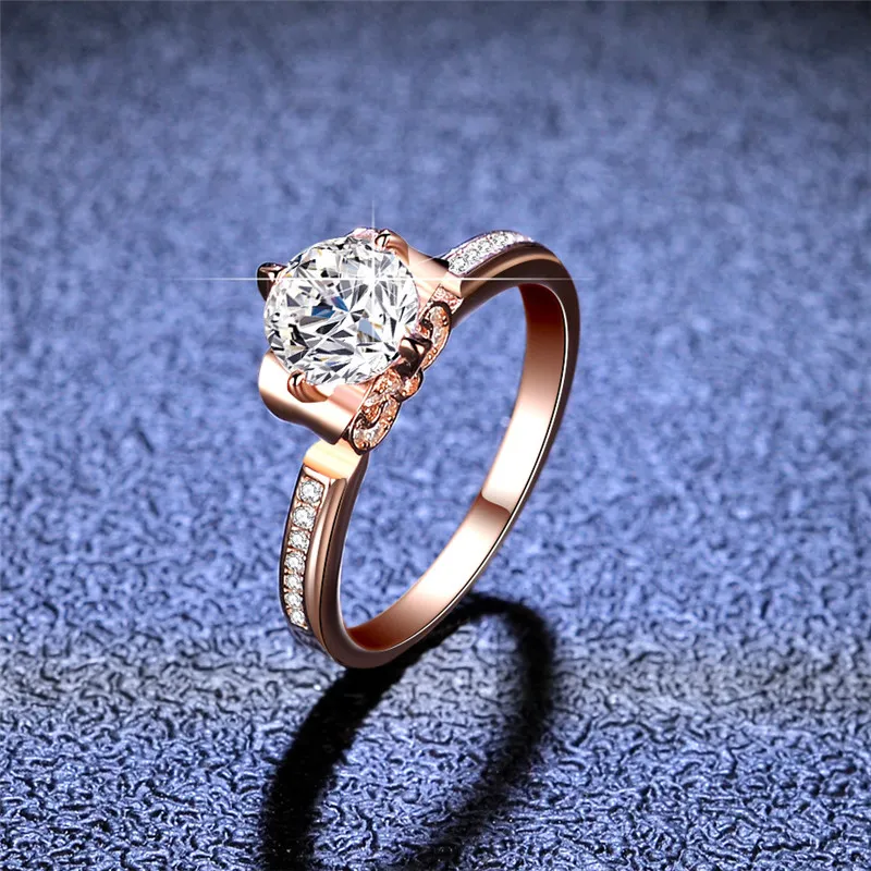 Ros guld diamant test passerade utmärkt cutd färg hög klarhet vit moissanit ring silver 925 bröllop smycken