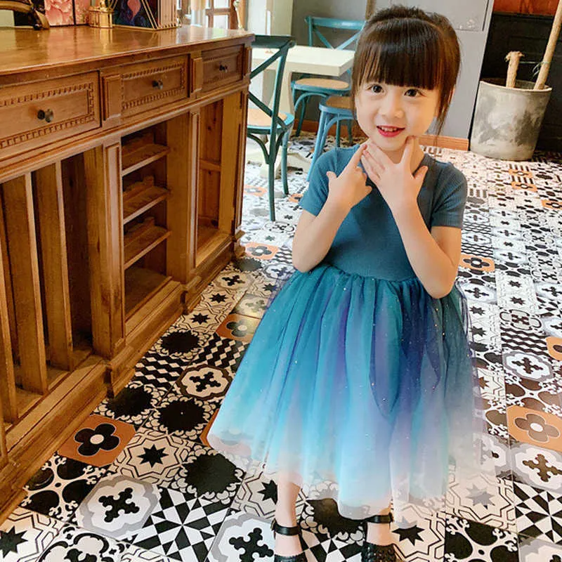 Girls Dress Dream Gradient Princess Party Short Sleeve Summer Fashion Baby Kids Children'S Clothing For 210625