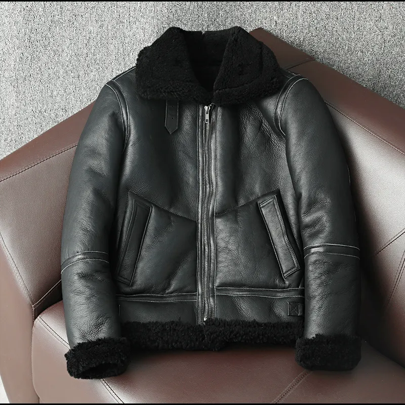 オートバイプラスサイズ5xl厚いシープスキンナチュラルウォームコートのための冬の本物のシープスキンレザージャケットメンズウールの毛皮のジャケット