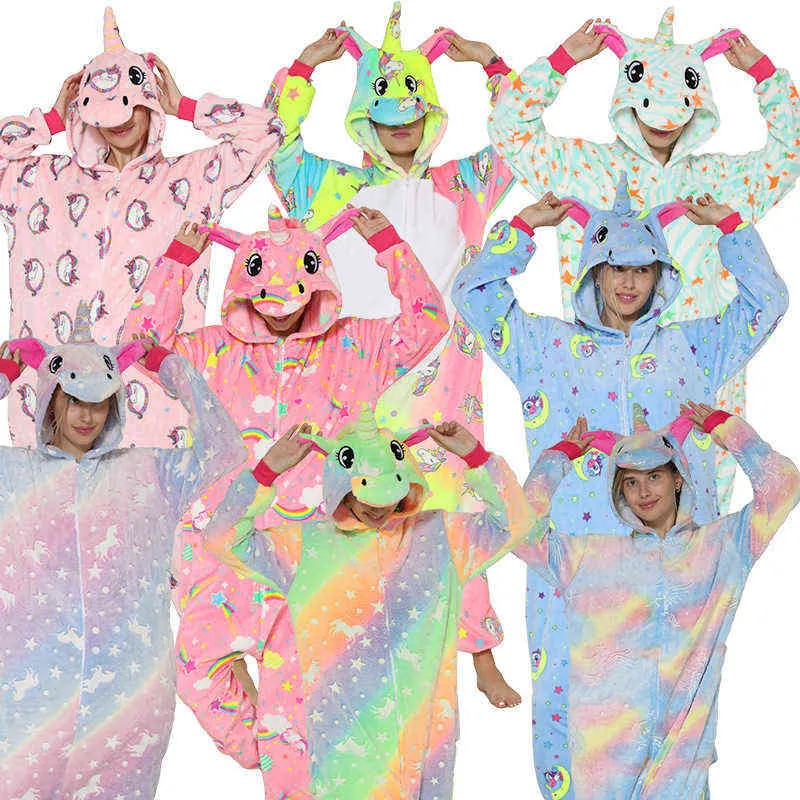 Dorosłych Piżama Zwierząt Kobiety Unicorn Nighwear Onesie Kigurumi Panda Pajama Anime Cartoon Kombinezony Zima Królik Nightie Kombinezon 211109