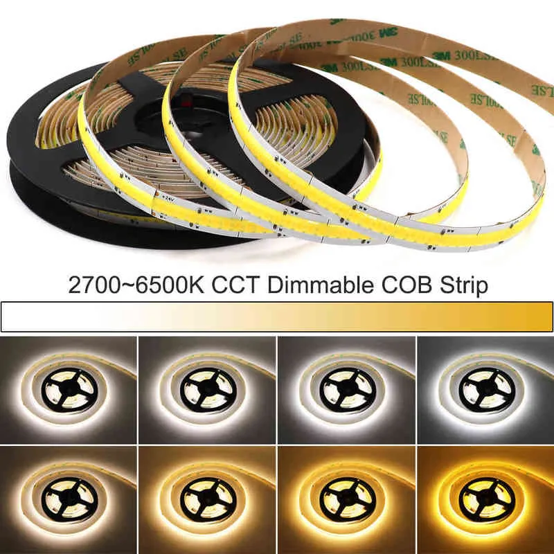 Bicolor CCT Cob Strip LED Light Bar med Dimmer 24V 12V FOB Soft Flexible Cob Tape Yellow Cool White 2700-6500K Dimble W220311289W