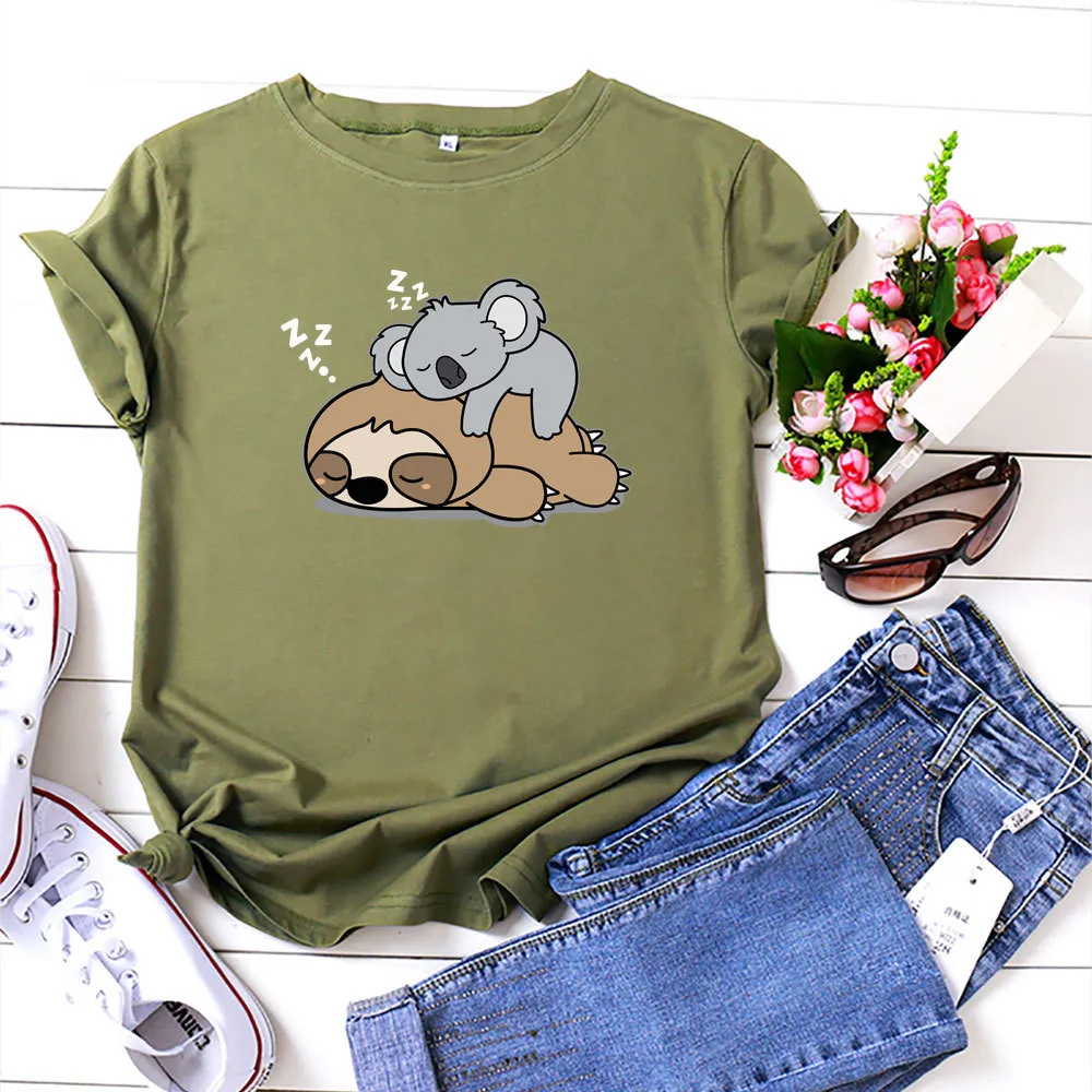 Koala sloth tryckta t-shirt kvinnor söt grafisk tees bästa vänner rolig t-shirt kortärmad sommar streetwear bomull t-shirts 210304