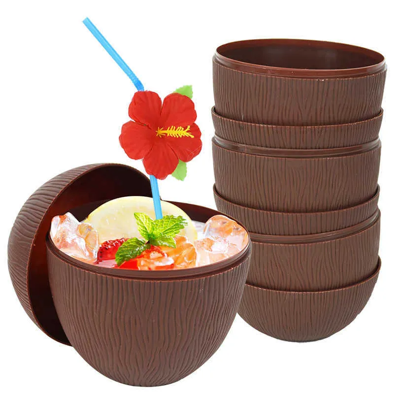 6 sztuk Tropikalny Ananas Kokosowy Kokos Picie Cup Sok Kubki z Słomunami Hawajski Luau Urodziny Letnie Plaża Basen Party Dekoracje 211015