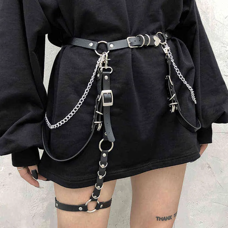 Women Skirt Belt Female Pu Leather Hiphop Rock Nightclub Fashion Sexy Jeans Dress Heart Punk Belt With Metal Waist Chain G220301