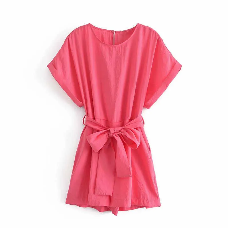 ZA verão mulheres cinto curto macacão de manga curta vintage playsuit de rosa moda de abertura de moda mulher plissada plissada 210602