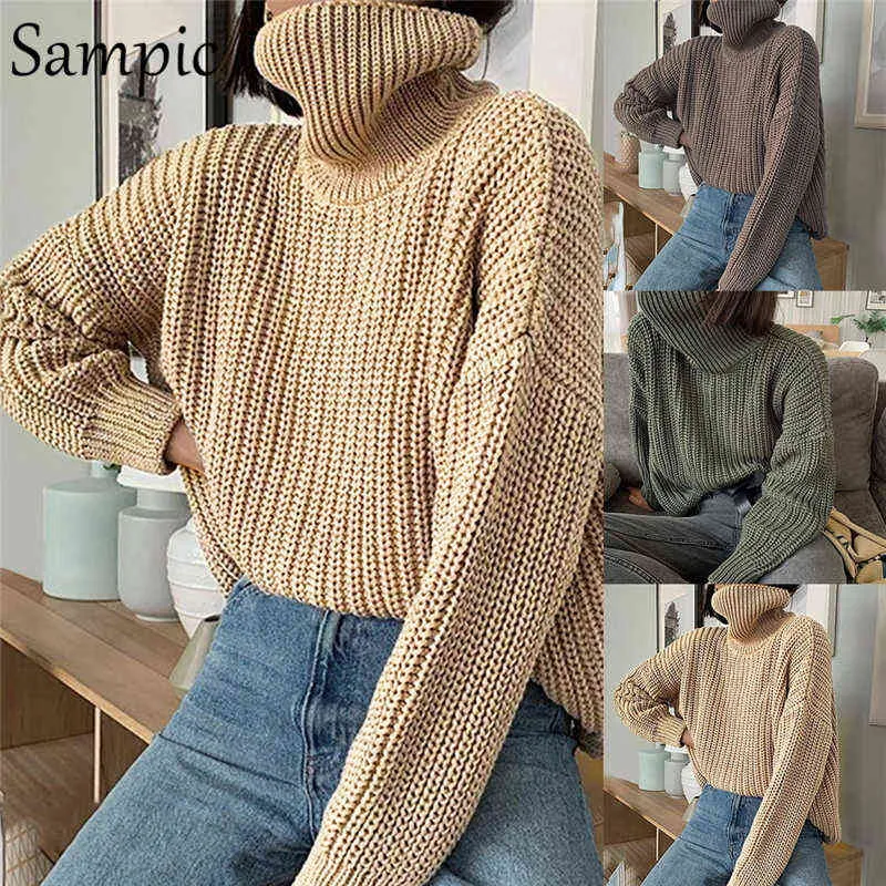 Sampic mode automne femmes à manches longues col roulé pull tricoté pull court kaki décontracté tricots pulls pull hauts Y1110