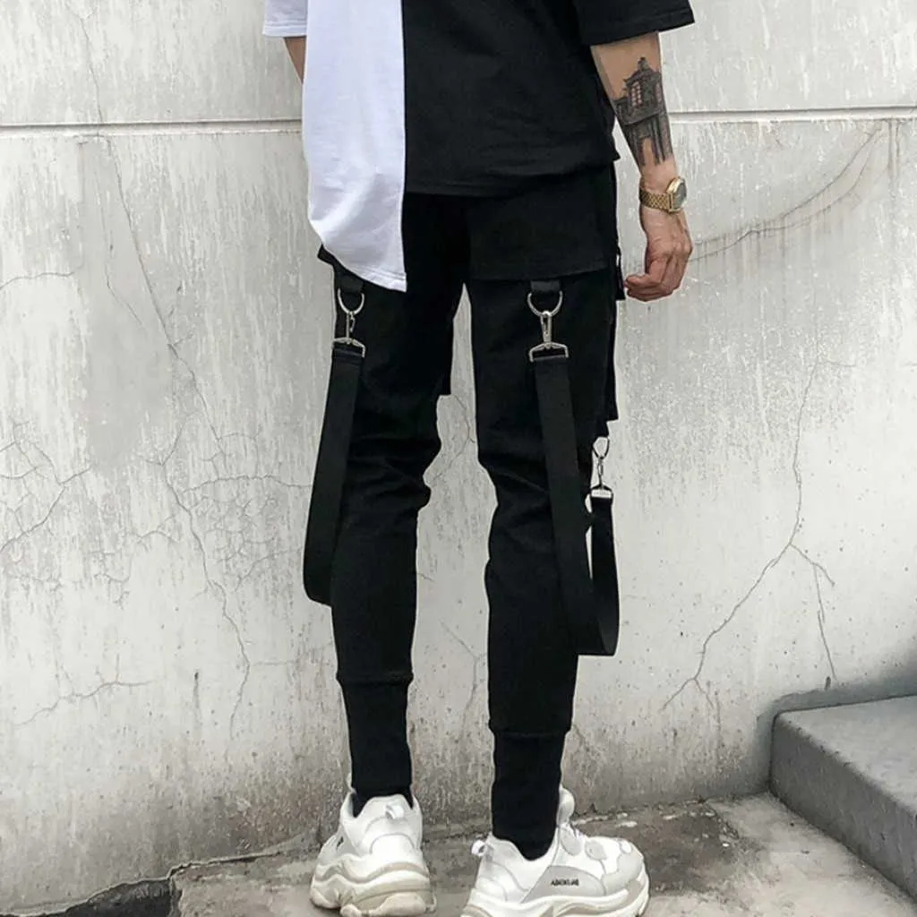 Hiphop Streetwear Jogger Pant Homens Preto Multi-bolso Fitas Calças Algodão Casual Street Stud for Sweetpants 210715