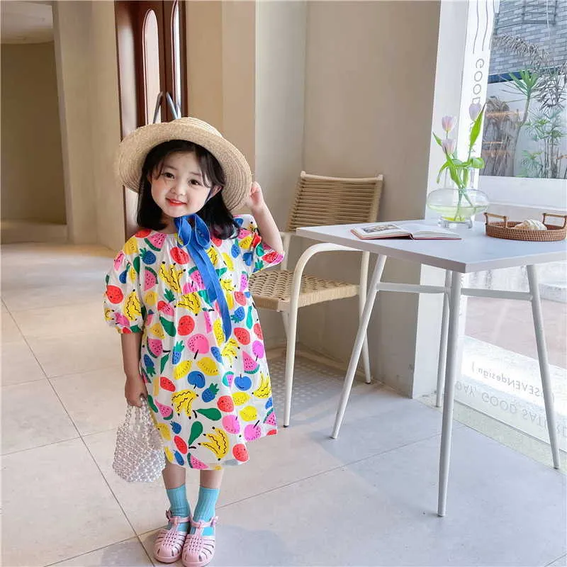 Korean Style Summer Kids Girls Dress Cartoon Fruit Short Sleeves Princess Children Clothes E0025 210610