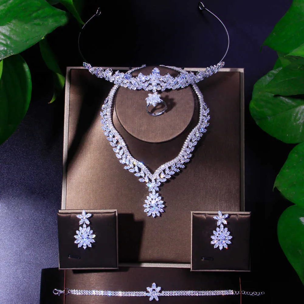 Высококачественные кубические циркония 5шт ювелирные изделия набор свадебные изделия невесты свадебные роскоши ожерелье набор ожерелье серьги браслет кольцо корона H1022