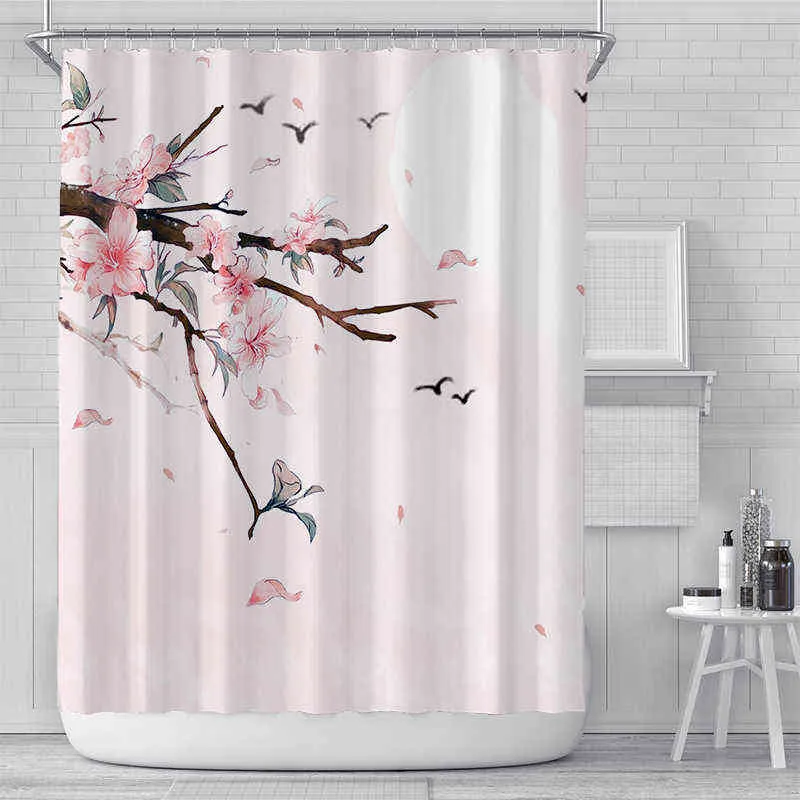 Tenda da doccia rosa fiori di ciliegio fiori di pesco sfondo bianco ragazza bagno schermo in tessuto poliestere impermeabile con set di ganci 211119