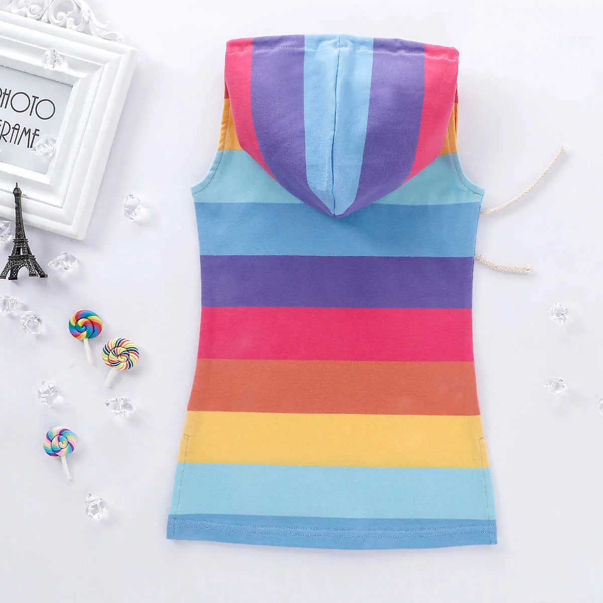 2020 Summer Kids Baby Girls Robe sans manches Rainbow Stripe Outfit Robe à capuche Fille Coton Vêtements Sunsuit Casual Sundress 1-7Y Q0716