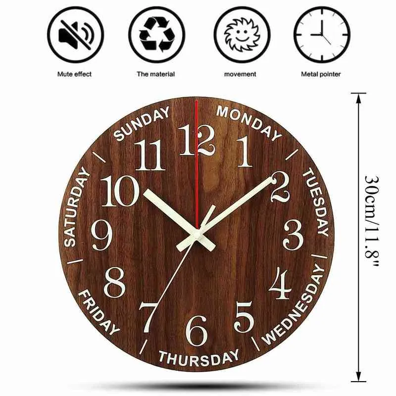 12 polegadas de parede luminosa relógio de madeira silencioso não-ticking cozinha relógios de parede com luzes noturnas para decoração de sala de estar interior interior H1230
