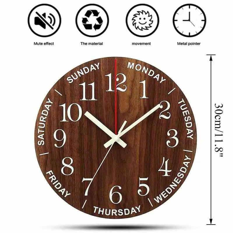 Reloj mural luminoso de 12 pulgadas, relojes de pared de cocina silenciosos de madera que no hacen tictac con luces nocturnas para decoración de sala de estar interior y exterior H1230