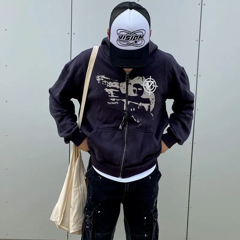 Anime print 고딕 streetwear 긴 소매 검은 지퍼 까마귀 Y2k 그런지 옷 운동복 한국 패션 펑크 스포츠 코트 풀오버 220315