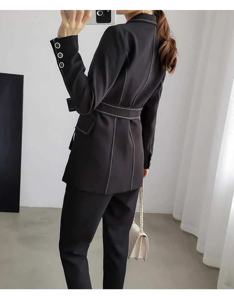 Högkvalitativ kvinnors plusstorlek 5xl kontorsbyxor kostym höst smal svart blazer tvådelade feminina professionella byxor 210527