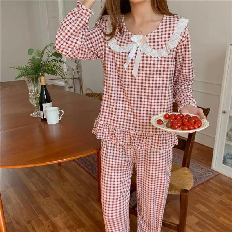 Doux doux lâche tout match vêtements de nuit princesse plaid homewear décontracté géométrique femme pyjamas ensembles 210525