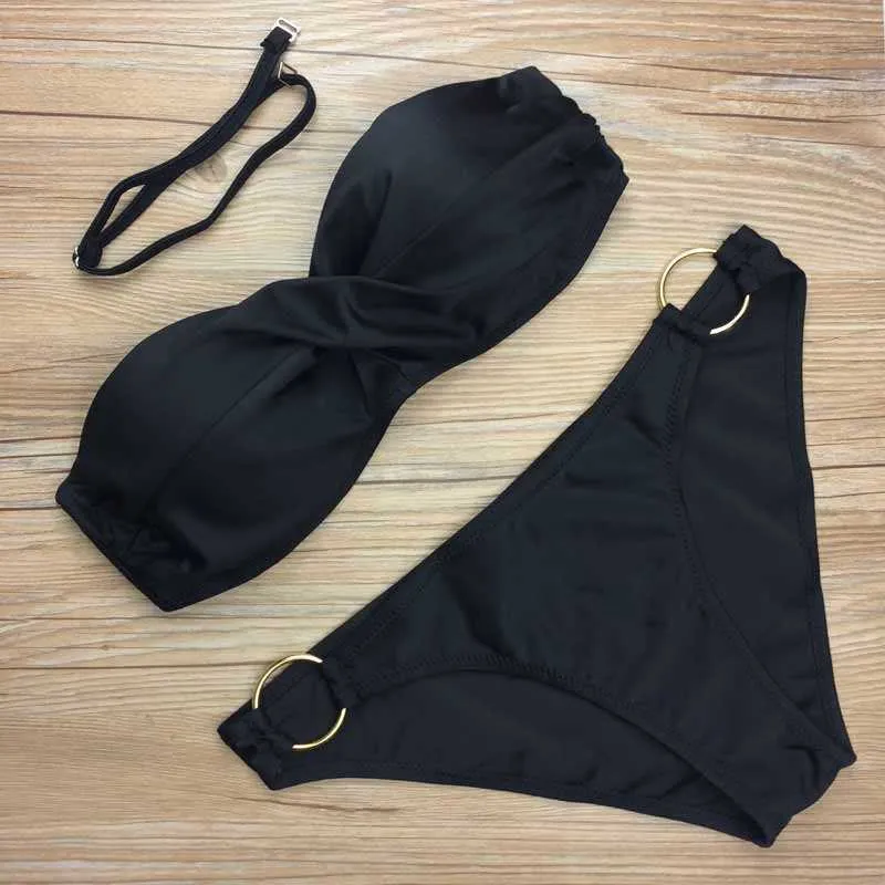 Brasilianska Biquini Sexiga Push Up Badkläder Ring Design Beach Swim Wear Bandeau Stropless Bikini Set Maillot de Bain de 210624