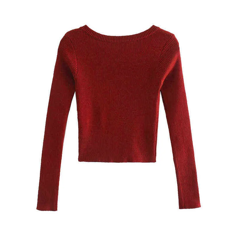 Evfer Höst Sprint Kvinnor Vintage Square Collar Za Red Short Strikta Pullover Toppar Kvinna Casual Långärmad Elastiska Tröjor Y1110