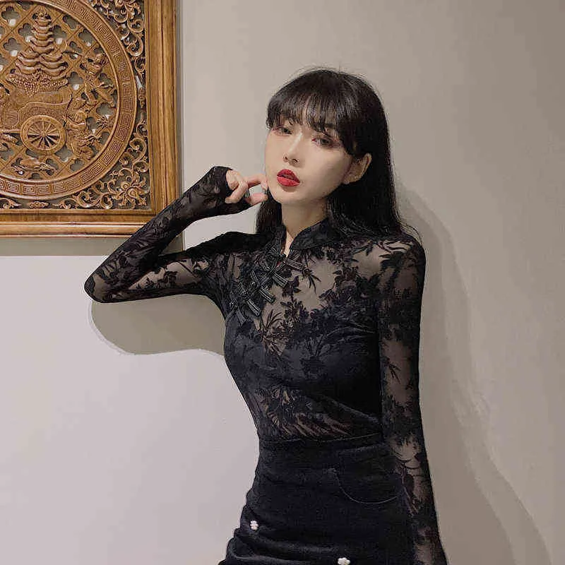 Ragazze Camicette di pizzo trasparente Camicie Magliette Donna Dolcevita stile cinese Vintage Camicette nere a maniche lunghe Top donna H1230