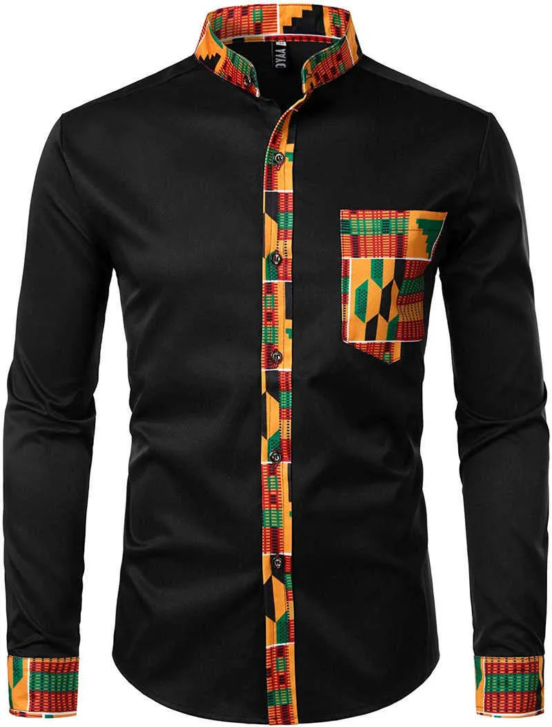 Mens hipster afrikansk dashiki tribal grafisk patchwork shirts slim passform långärmad mandarin krage skjorta camisas män kläder 210626