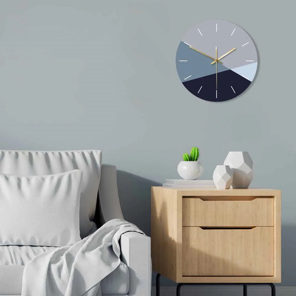 Eenvoudige minimalisme blauw en grijs kleur Grote wandklok koude toon kleur tint moderne mode woondecoratie muur opknoping horloge 210310