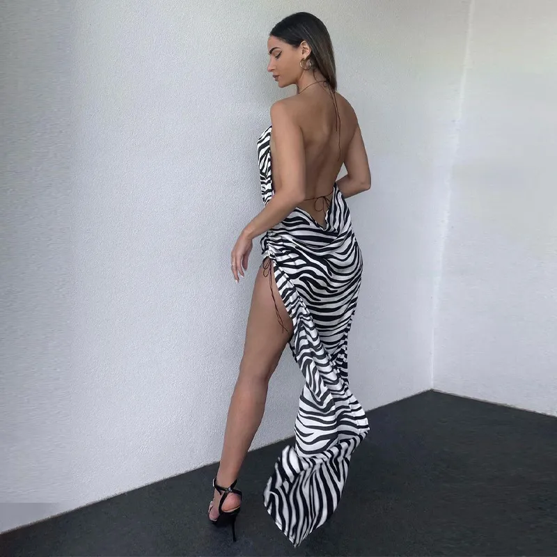 Julissa Mo Zebra Baskı Bölünmüş Düzensiz Yaz Elbise 2021 Backless Kayış Uzun Parti Elbiseleri Kadınlar Için Seksi Halter Bandaj Vestido X0521