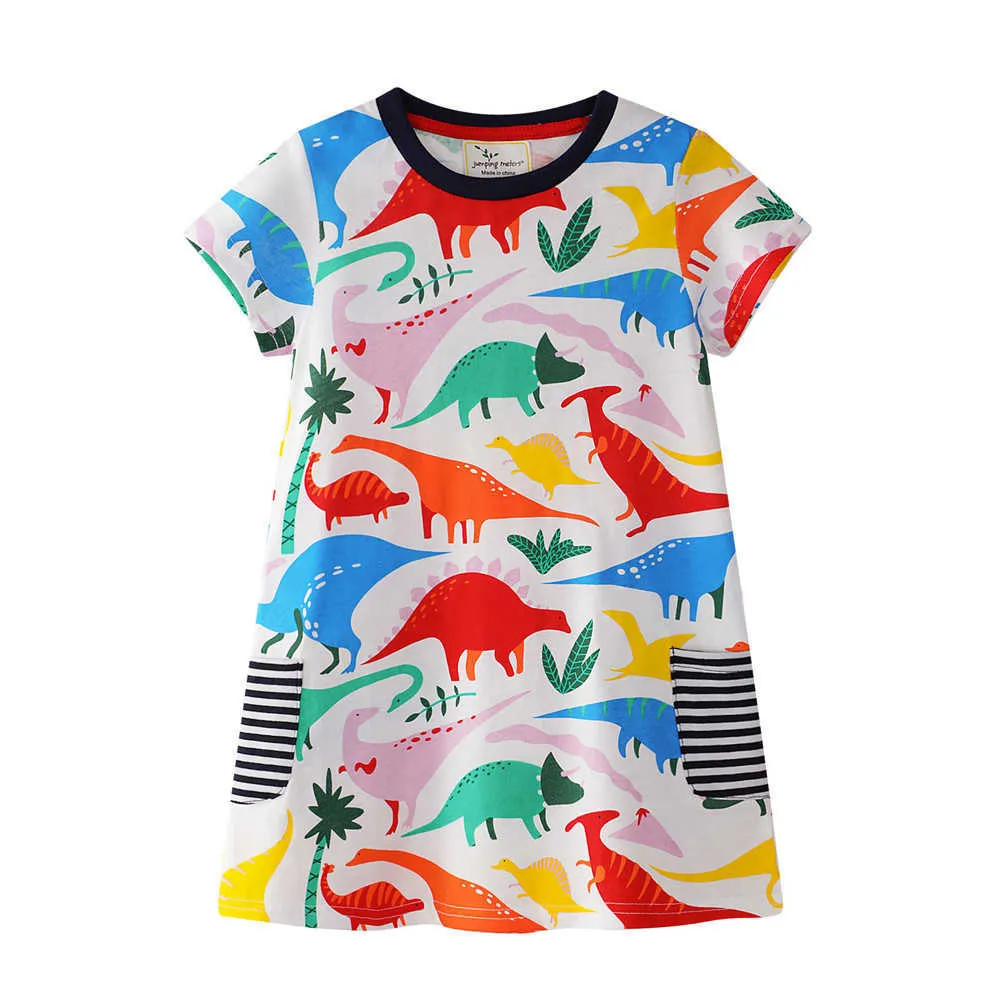Atlama Metre Yaz Pamuk Bebek Kız Elbise Dinozorlar Ile Baskı Cepler Çocuk Parti Elbise Kostüm 210529