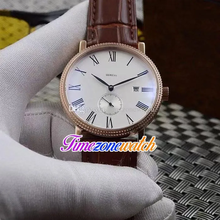 42mm Calatrava 5116 5116R Automatisk herrklocka White Dial Rose Gold Case Independent Seconds Brown Leather Strap Watches TimeZoneW285J