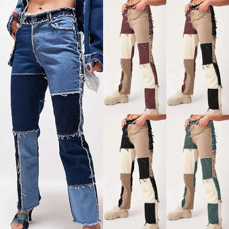Pantalones punk de hip-hop, pantalones de cintura alta, pantalones vaqueros de calle para otoño e invierno, pantalones ajustados de retazos en contraste para mujer X0629