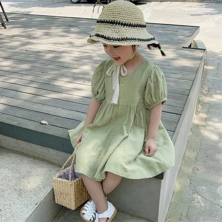 Höst Barnkläder Japanska Korea Enkel Snygg Baby Girls Princess Dress V-Neck Kortärmad Barn Casual 210625