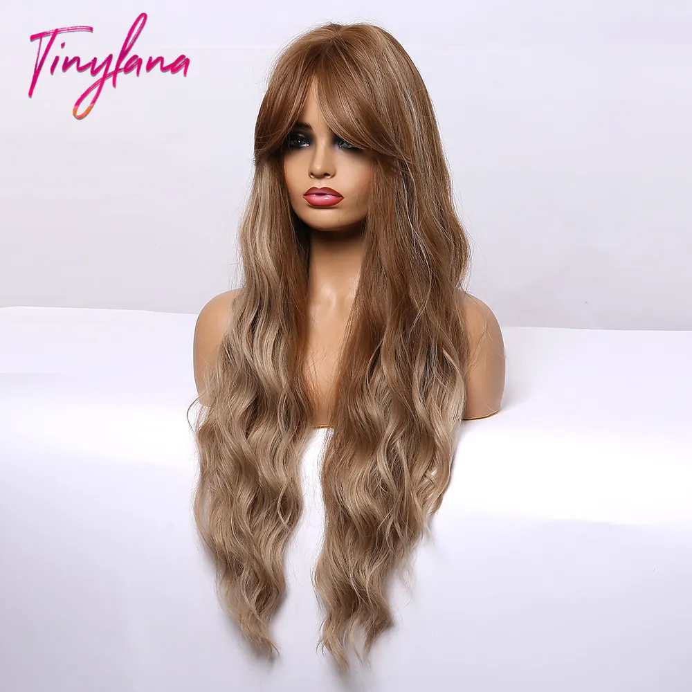 Long Water Wavy Golden Brown Blonde highlight Synthetic with Bangs Wigs For Women Cosplay Heat Resistant Fiber5916048