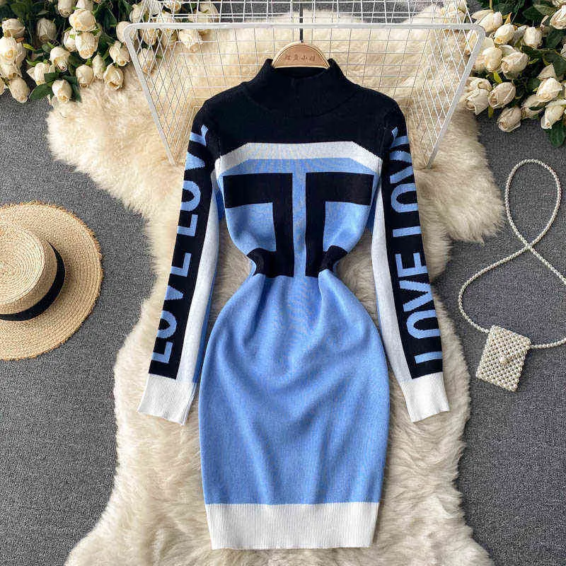 Singreiny Höstbrev Skriv ut Stickad Klänning Kvinna Retro Elastiska Slim Sheath Dresses 2021 Ny Vinter Varm Bodycon Sweater Klänning G1214