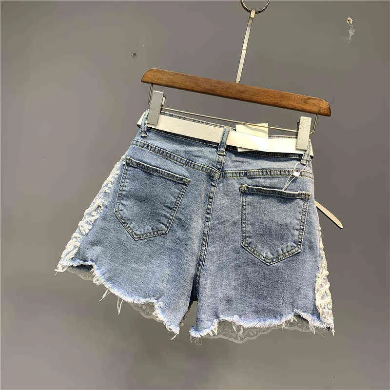 Été Perles s Dentelle Fleur Dames Denim Shorts Femmes Européenne Taille Haute Lavé Pantalon De Mode Stretchy Jeans 211129