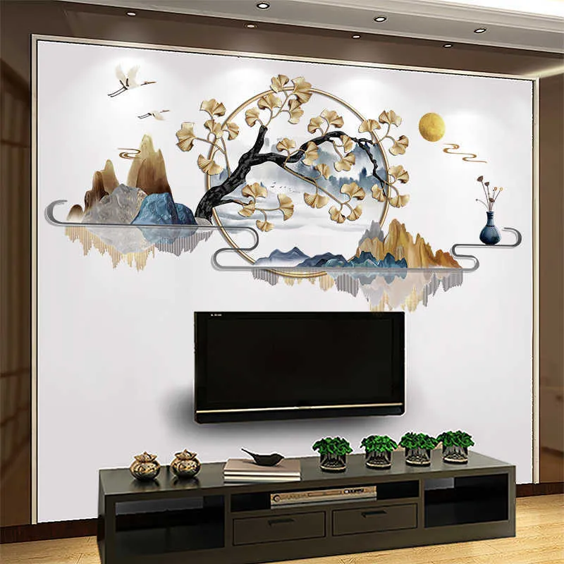 Chinesischen Stil Tuschemalerei Landschaft Wandaufkleber Ginkgo Baum Home Decor Kunst Vinyl Wandtattoo Wandbild Wohnzimmer Dekor Tapete 210705