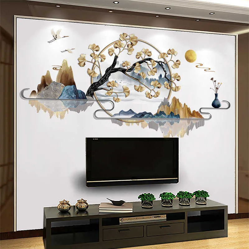 Stile cinese Pittura a inchiostro Paesaggio Adesivo da parete Ginkgo Tree Home Decor Art Vinile Adesivo Murale Living Room Decor Carta da parati 210705