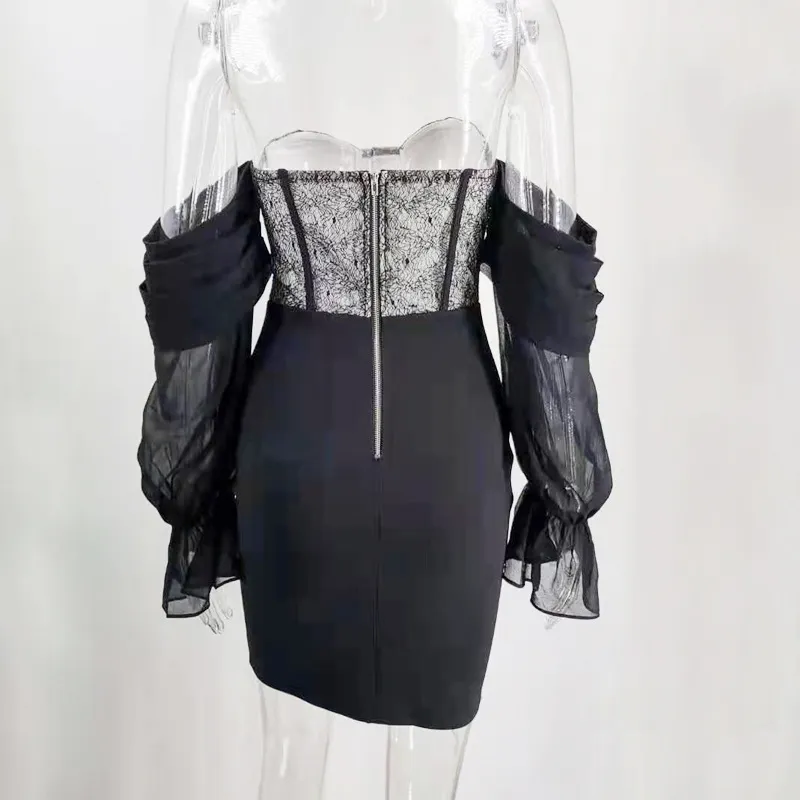 Tout noir moulante mini bretelles femmes robes produit d'été à manches longues élégante fête de vacances et club robe sexy 210525
