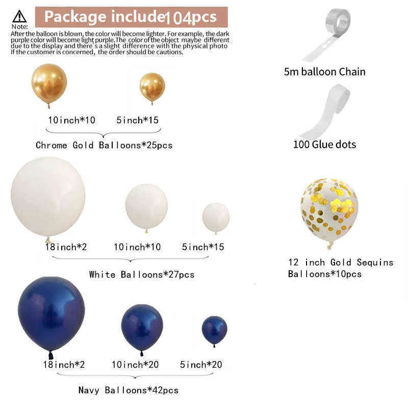 104 sztuk Navy Blue Gold White Balloon Garland Arch Kit Confetti Ballons Do Wesel Birthday Party Balony Dekoracje 211216